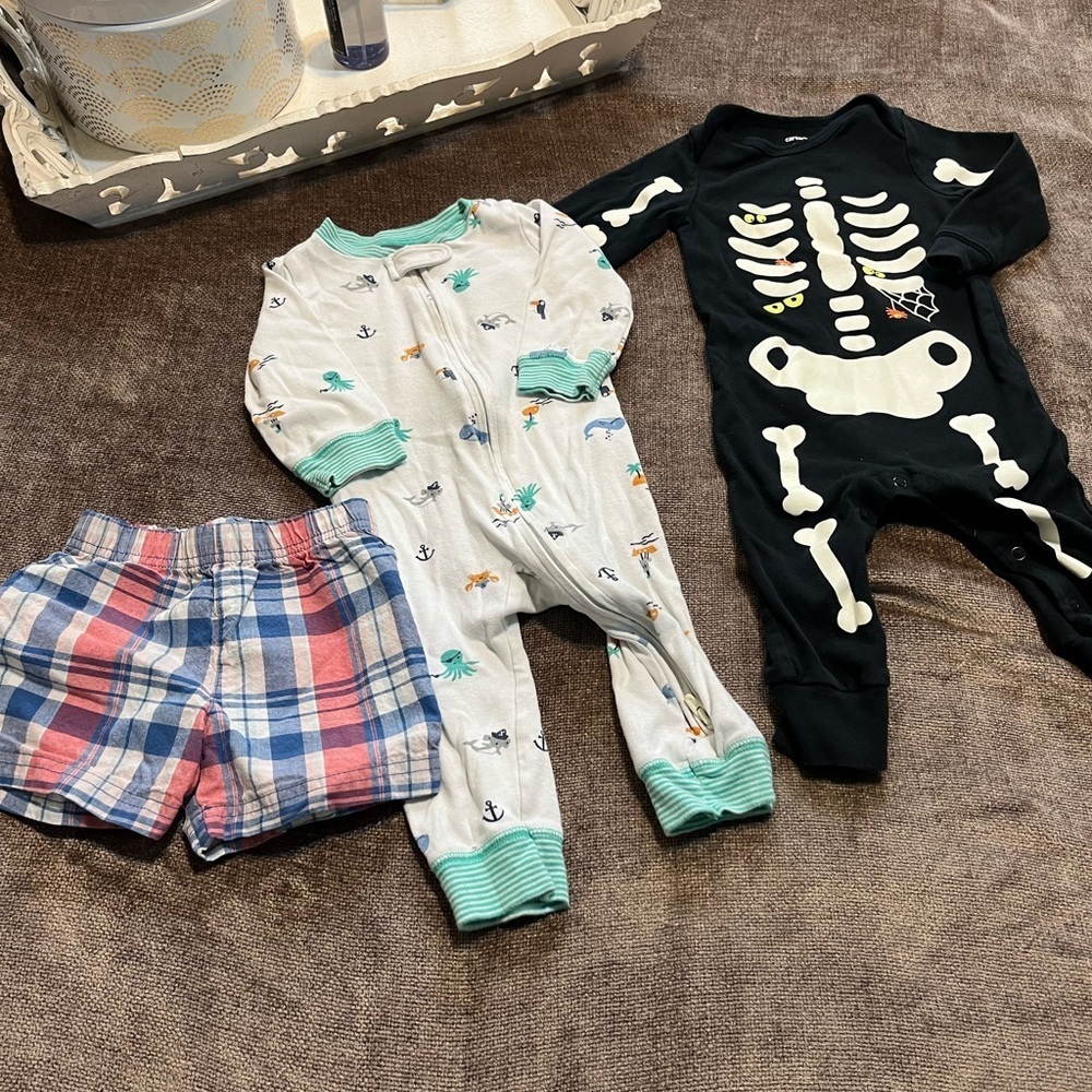 9 Month Baby Bundle: Plaid Shorts, Skeleton Onesie and Sea Life One Piece Set